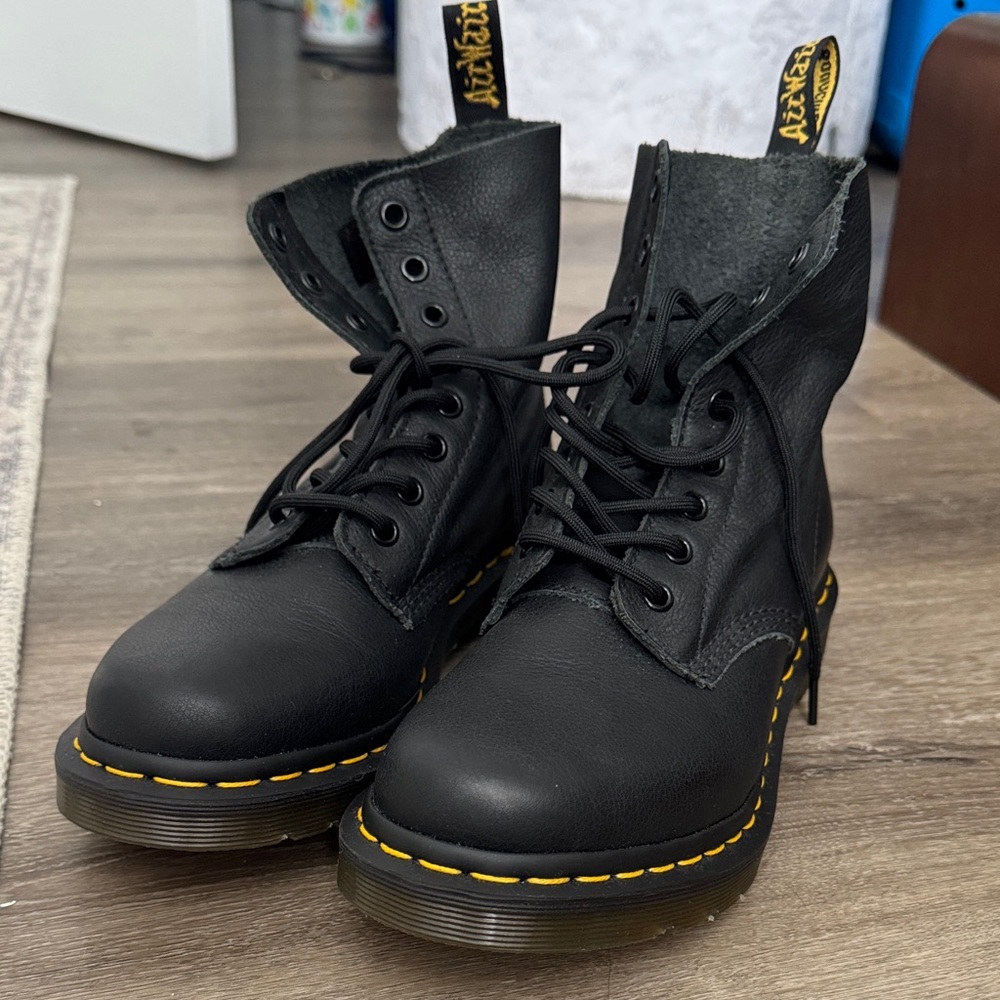 Dr. Martens Black Combat Boots with Yellow Stitching